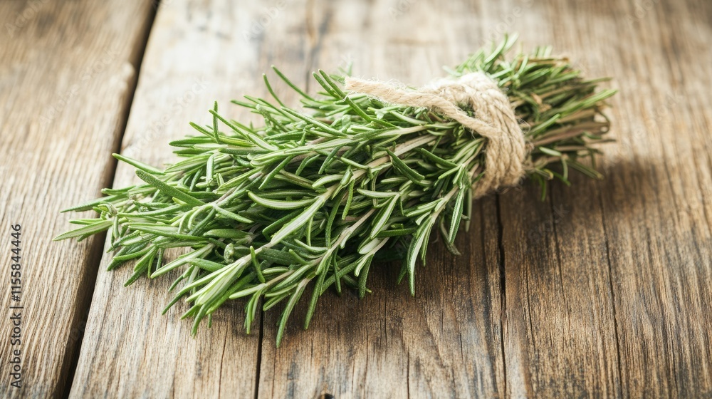 Bunch of rosemary on wooden table, rustic style, fresh organic herbs. bringing a touch of nature to your kitchen. Bunch of rosemary on wooden table, rustic style, fresh organic herbs. bringing a touch of nature to your kitchen.