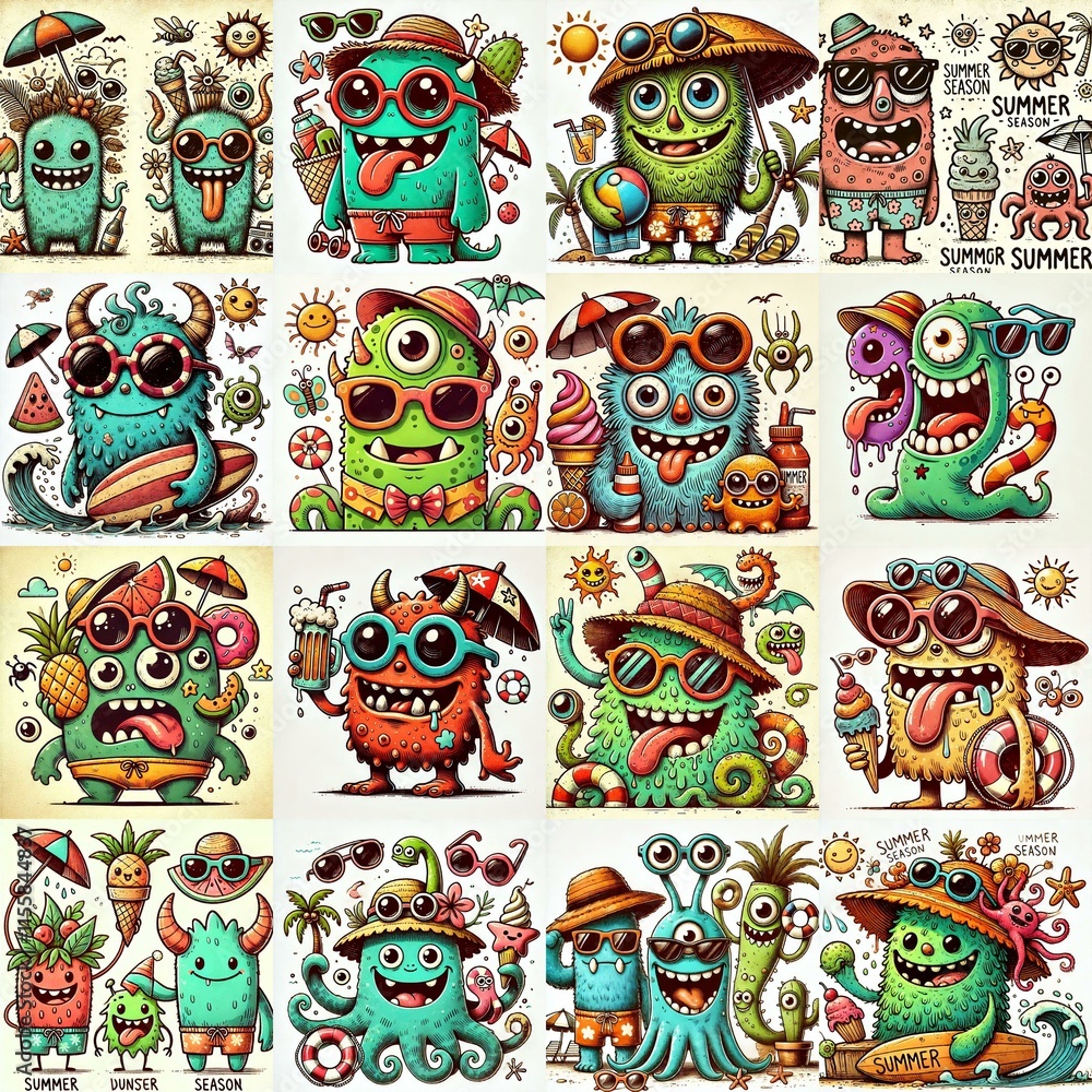 Obraz premium Cartoon spring monsters. AI generated illustration