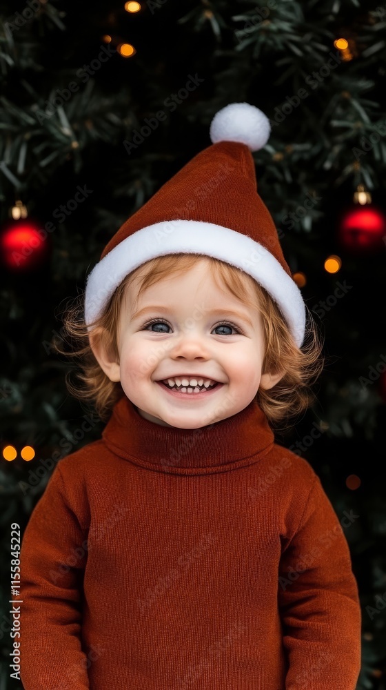 Child in elf costume smiling with decorative lights in background. Child in elf costume smiling with decorative lights in background.