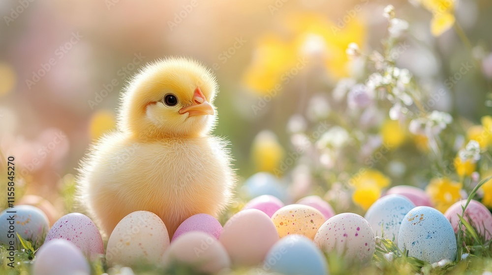 A Cozy composition with cute and funny little yellow chicken and painted colorful Easter eggs against blurred flowers A Cozy composition with cute and funny little yellow chicken and painted colorful Easter eggs against blurred flowers
