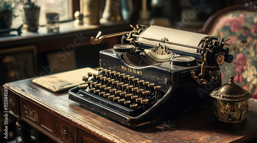 old antique typewriter on an old table photo