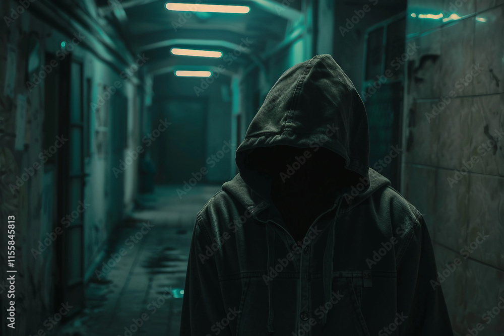 Hooded Maniac in Dark Abandoned Hallway with Sinister Atmosphere Generative AI Hooded Maniac in Dark Abandoned Hallway with Sinister Atmosphere Generative AI
