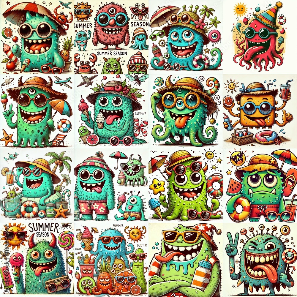 Fototapeta premium Cartoon spring monsters. AI generated illustration