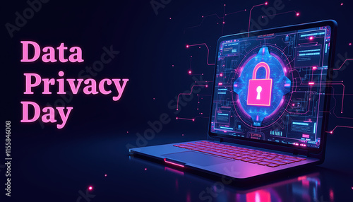 Dynamic Data Privacy Day banner showcasing a vibrant pink and blue design with a lock symbol on a laptop, highlighting the relevance of data protection.