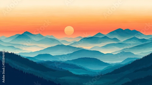 Misty mountain range at sunrise.