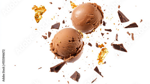 A sharp and vivid cut-out style of scoops of rich chocolate ice cream paired with gold-dusted caramel shards and a sprinkle of cacao nibs, set against a pure white background, capturing decadent and l photo