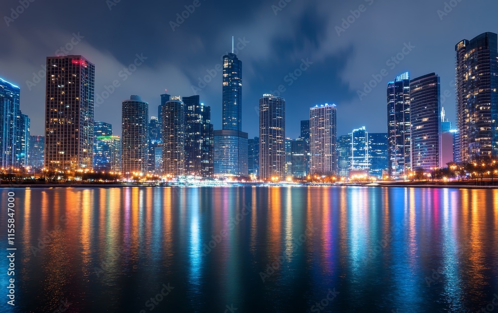 A vibrant city skyline at night reflecting in water, showcasing urban life and architecture. A vibrant city skyline at night reflecting in water, showcasing urban life and architecture.