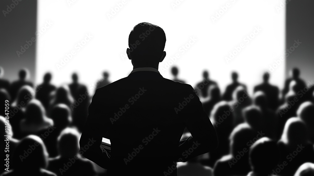 Fototapeta premium man in a business suit in a hall with people on a white screen background