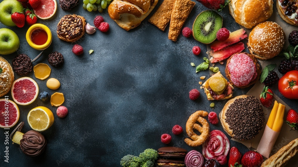 Healthy and unhealthy food background from fruits and vegetables vs fast food, sweets and pastry background. top view. Healthy and unhealthy food background from fruits and vegetables vs fast food, sweets and pastry background. top view.