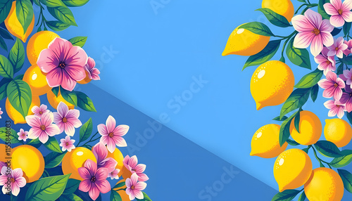Lemon, flowers and blue Mediterranean vibes poster. Fruit Market. Summer club. La dolce vita. Modern trendy botanical wall print. Aesthetic style groovy vector citrus background illustration, Backli