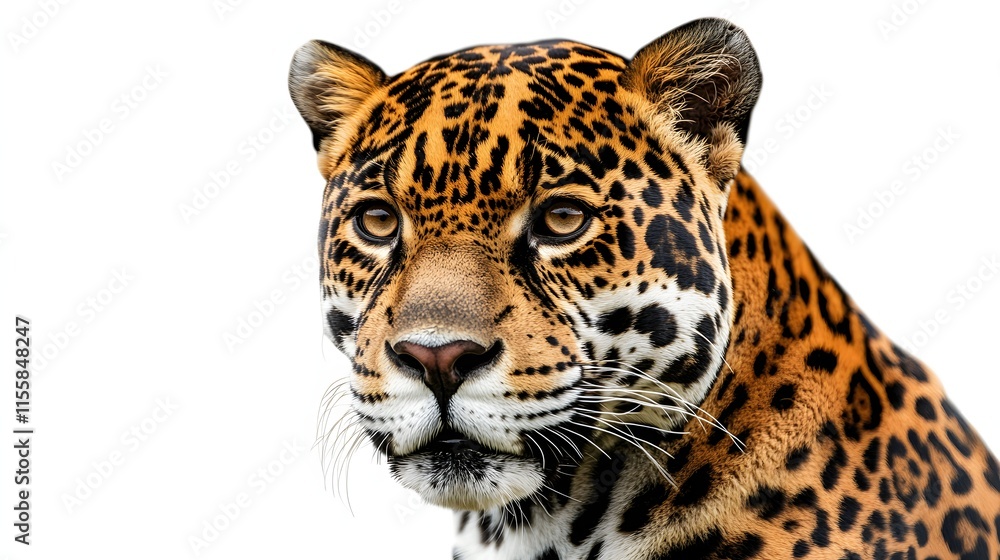 Obraz premium Majestic Jaguar Close Up Portrait Against White Background