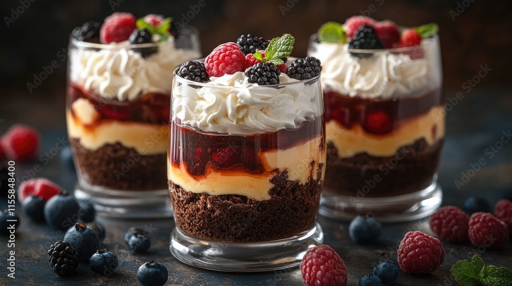 Layered trifle dessert with chocolate sponge cake, Whipped Cream and Fruit Jelly in Serving Glasses Layered trifle dessert with chocolate sponge cake, Whipped Cream and Fruit Jelly in Serving Glasses