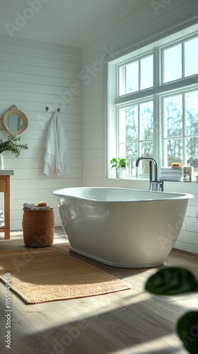Relaxing bathroom with natural light and greenery in a serene setting