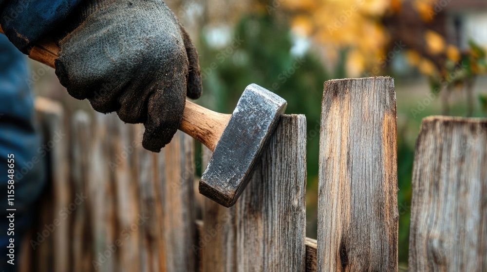 man hands drive nail with a hammer in wooden fence, metal nails are driven into a blue-painted board. fence construction man hands drive nail with a hammer in wooden fence, metal nails are driven into a blue-painted board. fence construction