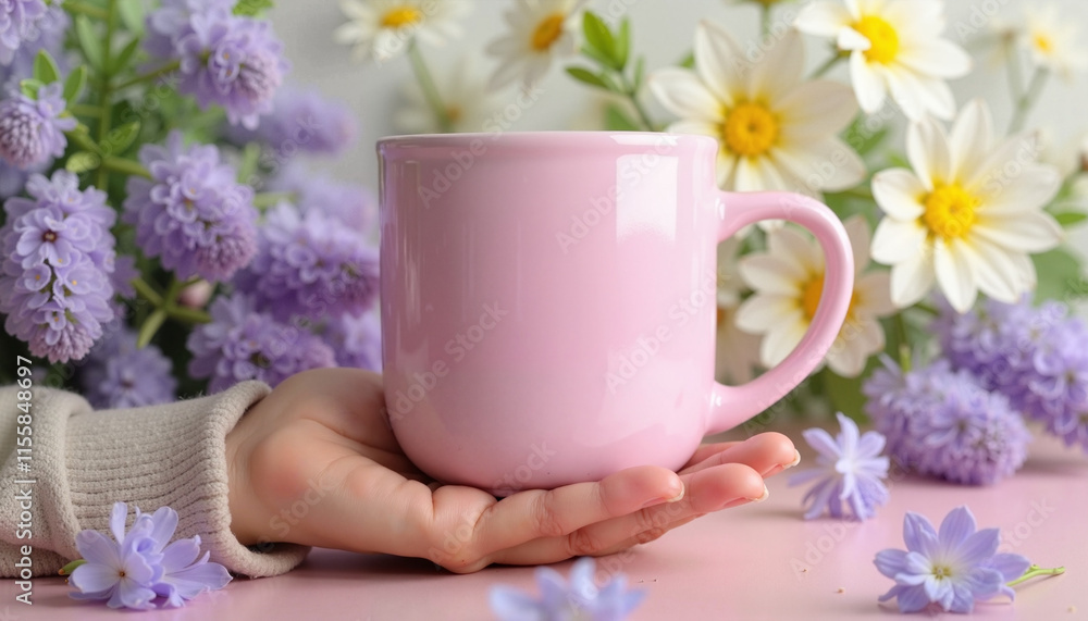 Mug mockup in hand surrounded by flowers on pastel background Mug mockup in hand surrounded by flowers on pastel background