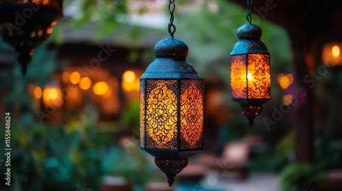 Beautiful lanterns illuminating a tranquil evening courtyard setting with int...