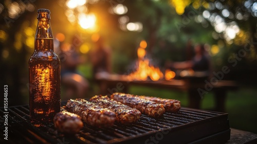 Evening barbecue gathering with grilled sausages and refreshments in a natura...