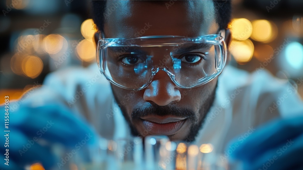 Scientist conducts experiment with test tubes in modern laboratory Scientist conducts experiment with test tubes in modern laboratory