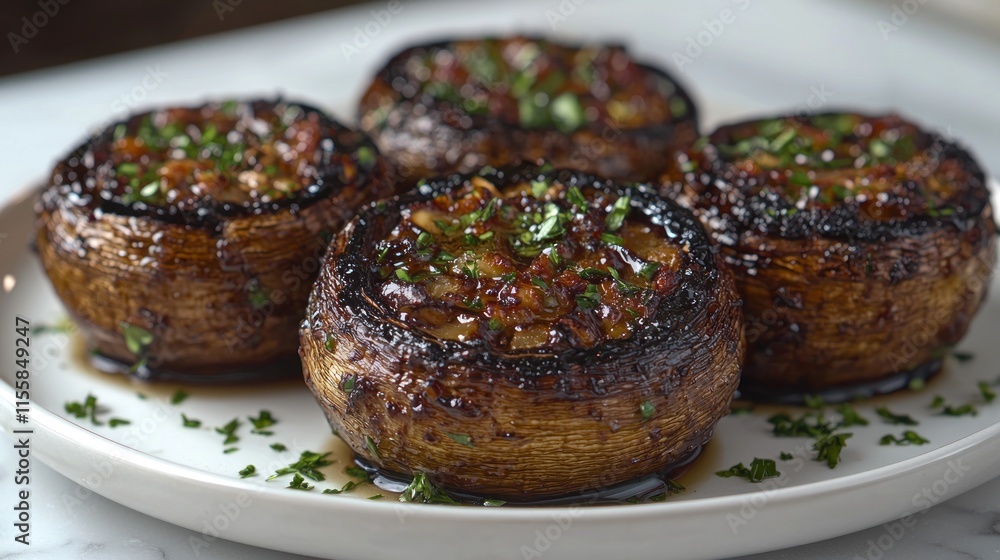 Close-up of four delicious stuffed mushrooms on a white plate. (1) Close-up of four delicious stuffed mushrooms on a white plate. (1)