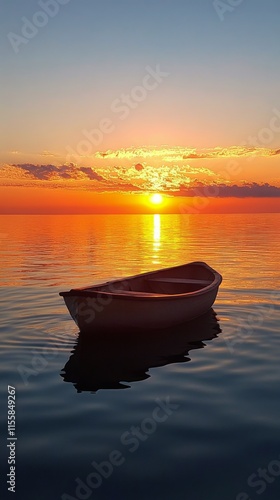 Tranquil boat floating on crystal clear water under a bright blue sky
