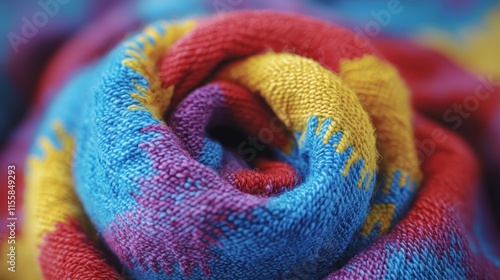Close-up of colorful, swirled fabric rose.