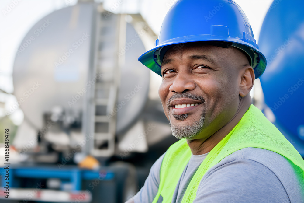 Smiling industrial worker in a blue hard hat and safety vest standing outdoors near trucks and tanks, symbolizing transportation and logistics industries. Copy Space
Smiling industrial worker in a blue hard hat and safety vest standing outdoors near trucks and tanks, symbolizing transportation and logistics industries. Copy Space