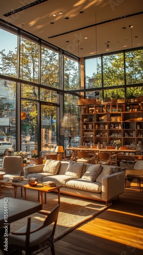Bright and spacious cafe interior with modern furniture and large windows in ...