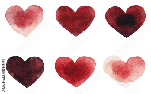 PNG A collection of six watercolor hearts in varying shades of red and pink, showcasing different styles and textures.