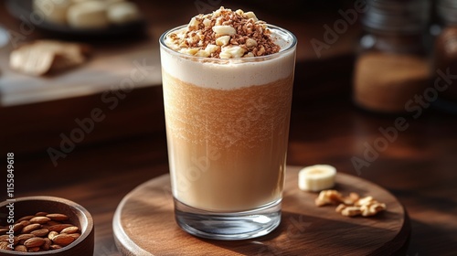 Refreshing mango smoothie in glass with mint on wooden table in cozy cafe