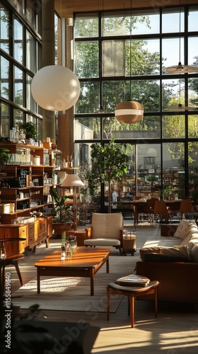 Bright and spacious cafe interior with modern furniture and large windows in ...