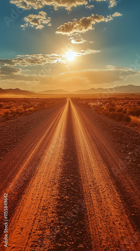 An Australian outback road cutting through the vast red desert, with a dusty trail and tire marks, bright sunlight and heat haze in the distance, endless horizon creating a sense of adventure