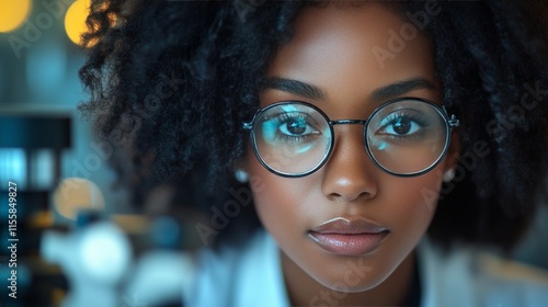 Young scientist with curly hair and glasses focused on research in a laborato...