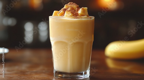 Refreshing mango smoothie in glass with mint on wooden table in cozy cafe