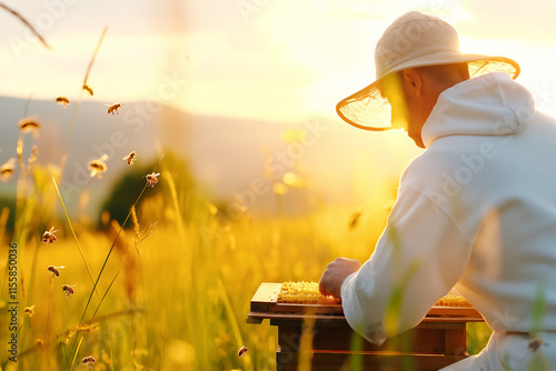 Beekeeper working with a honeycomb in a sunny field with bees flying around during golden hour


