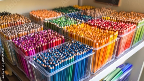 Organized containers of assorted colored pencils creating vibrant aesthetics for creative workspaces and artistic environments photo