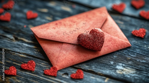 Red envelope surrounded by small heart decorations on wooden surface for roma...