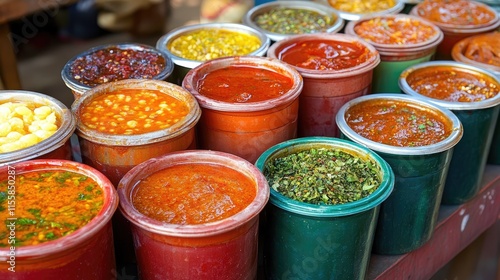 Fototapeta Naklejka Na Ścianę i Meble -  Vibrant assortment of colorful containers filled with aromatic sauces and spices at a market stall