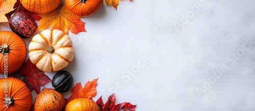 Autumn themed frame with vibrant leaves and pumpkins creating an elegant space for text or seasonal messages.