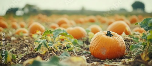 Autumn landscape featuring vibrant pumpkins scattered across a farm with colorful leaves and ample space for customizable text or branding. photo