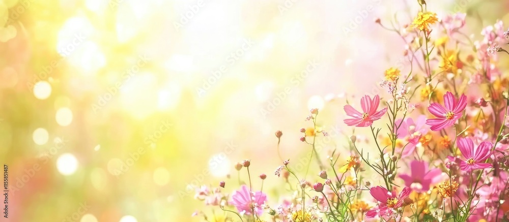 Vibrant wildflower meadow under sunny skies creating a serene background with ample space for text perfect for wallpapers and designs Vibrant wildflower meadow under sunny skies creating a serene background with ample space for text perfect for wallpapers and designs