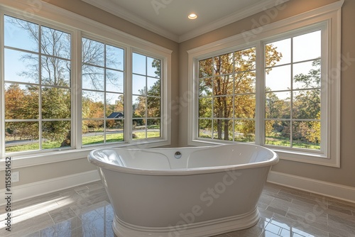 Modern bathroom with a freestanding tub and nature views in bright natural light