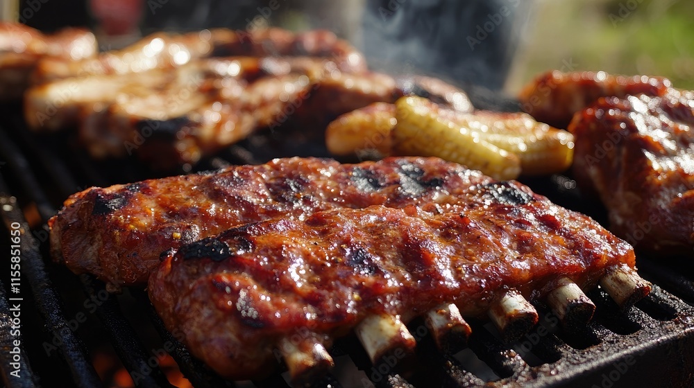 Sizzling Barbecue Ribs and Vegetables on Grill in Outdoor Spring and Summer Gathering Celebrating Family and Togetherness in Natural Setting Sizzling Barbecue Ribs and Vegetables on Grill in Outdoor Spring and Summer Gathering Celebrating Family and Togetherness in Natural Setting