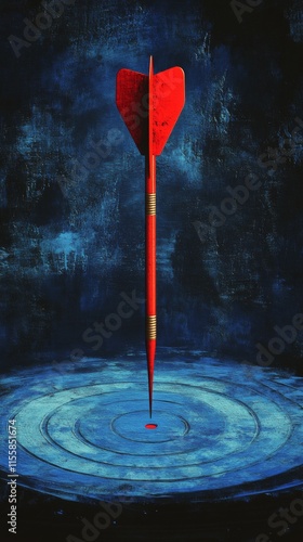Dart hitting the bullseye on a blue dartboard at a local game room