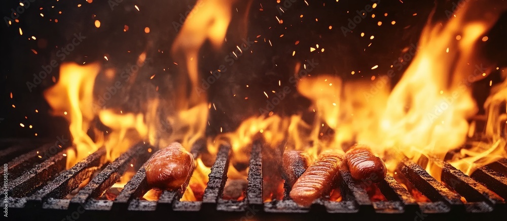 Barbecue grill with sizzling hot dogs over open flames in a lively BBQ setting perfect for summer gatherings and food-related promotions Barbecue grill with sizzling hot dogs over open flames in a lively BBQ setting perfect for summer gatherings and food-related promotions