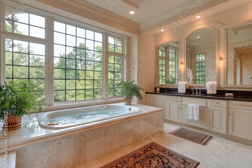 Modern bathroom with a freestanding tub and nature views in bright natural light