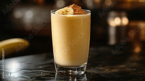 Refreshing mango smoothie in glass with mint on wooden table in cozy cafe