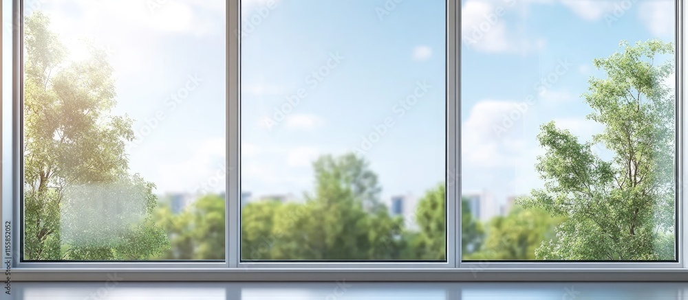 Naklejka premium Modern double glazed aluminum window design showcasing bright outdoor view with ample copyspace for promotional text or advertising content