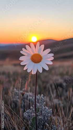 Beautiful sunset over rolling hills with a single daisy in foreground