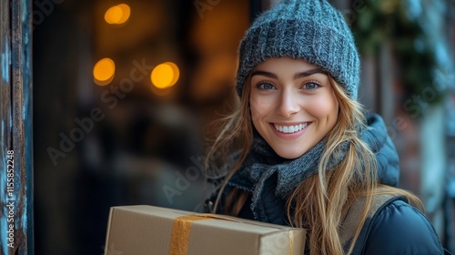 Smiling woman holding a gift box outside a cozy cafe during winter