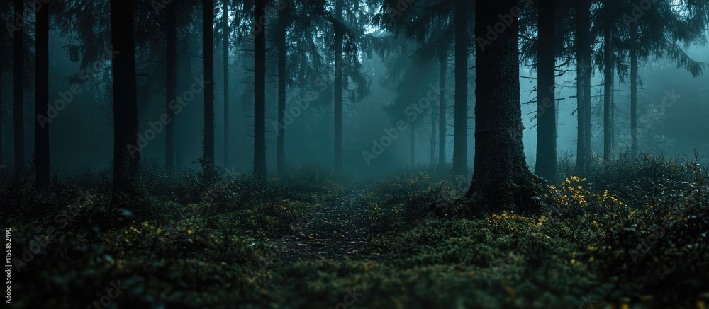 Obraz premium Dark Mysterious Forest Background With Textured Trees and Empty Copyspace for Creative Use in Design Projects